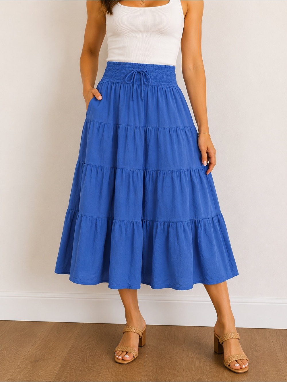 Cobalt Blue Smocked Waist Tiered Midi Skirt
